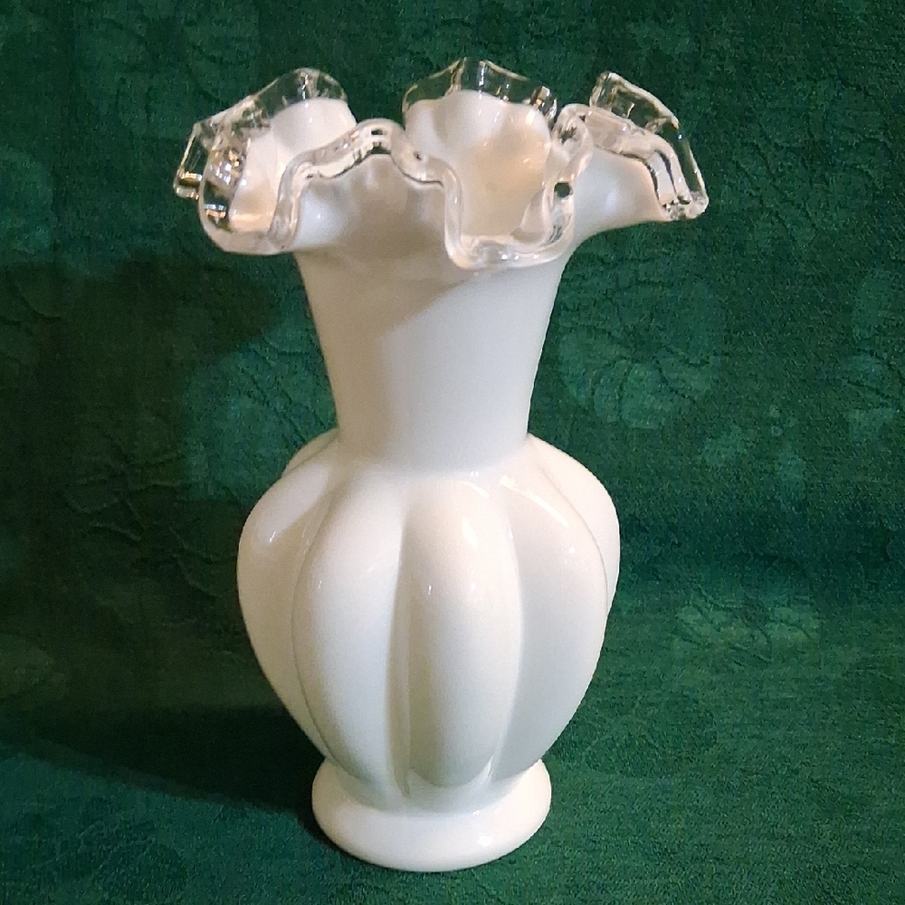 Fenton "Silver Crest" Milk Glass Ribbed Melon Vase With Ruffled Edge